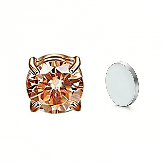 Picture of Wholesale Exquisite Stylish No Piercing Magnetic Stud Earrings, Round Champagne Cubic Zirconia Rose Gold 304 Stainless Steel, Women's Eco-friendly Gift Jewelry Supply, 8mm Dia., 2 PCs