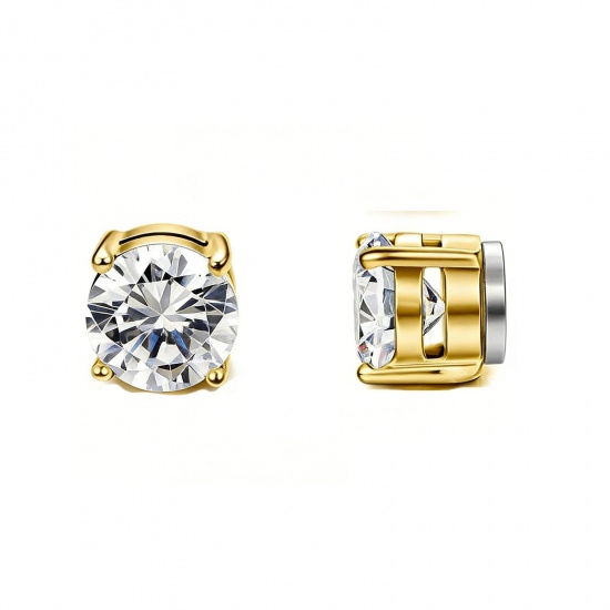 Picture of Wholesale Exquisite Stylish No Piercing Magnetic Stud Earrings, Round Clear Cubic Zirconia 18K Gold Plated 304 Stainless Steel, Women's Eco-friendly Gift Jewelry Supply, 6mm Dia., 2 PCs
