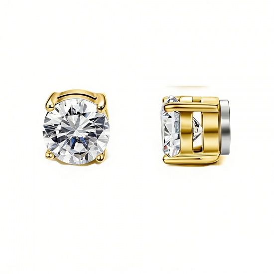 Picture of Wholesale Exquisite Stylish No Piercing Magnetic Stud Earrings, Round Clear Cubic Zirconia 18K Gold Plated 304 Stainless Steel, Women's Eco-friendly Gift Jewelry Supply, 8mm Dia., 2 PCs