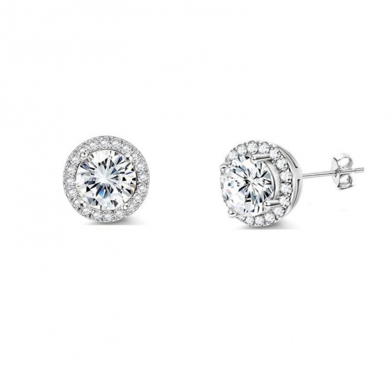 Immagine di Squisito Elegante Orecchini a Perno All'Ingrosso, Tondo Trasparente Circonio Cubico Tono Argento 304 Acciaio Inossidabile, Donne Ecologico Regalo Fornitura di Gioielli, 8mm Dia., 2 Pz
