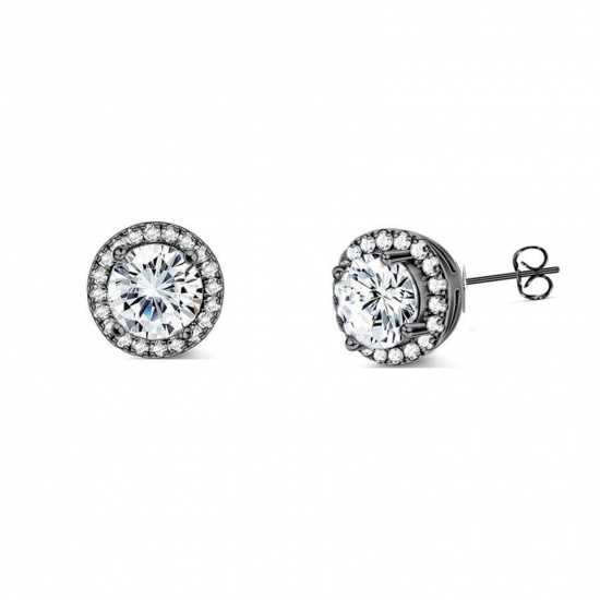 Immagine di Squisito Elegante Orecchini a Perno All'Ingrosso, Tondo Trasparente Circonio Cubico Nero 304 Acciaio Inossidabile, Donne PVD Ecologica Regalo Fornitura di Gioielli, 8mm Dia., 2 Pz