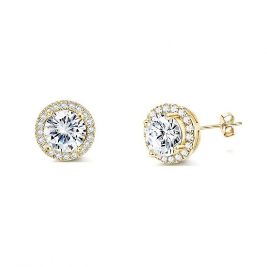 Immagine di Squisito Elegante Orecchini a Perno All'Ingrosso, Tondo Trasparente Circonio Cubico Placcato Oro 18K 304 Acciaio Inossidabile, Donne PVD Ecologica Regalo Fornitura di Gioielli, 8mm Dia., 2 Pz