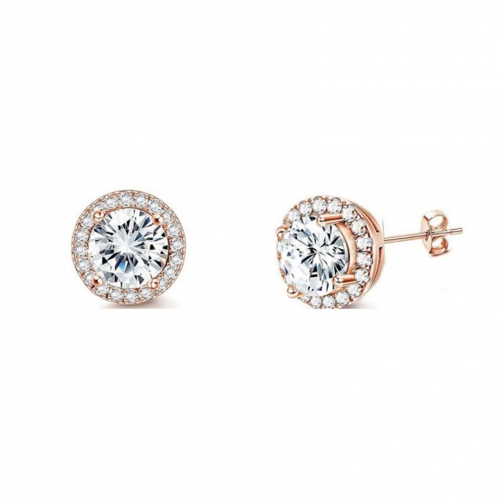 Immagine di Squisito Elegante Orecchini a Perno All'Ingrosso, Tondo Trasparente Circonio Cubico Oro Rosa 304 Acciaio Inossidabile, Donne PVD Ecologica Regalo Fornitura di Gioielli, 8mm Dia., 2 Pz