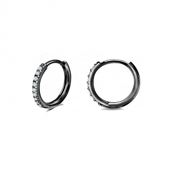 Picture of Wholesale Exquisite Stylish Huggie Hoop Earrings, Round Clear Cubic Zirconia Black 304 Stainless Steel, Women's Eco-friendly PVD Gift Jewelry Supply, 8mm Dia., 2 PCs
