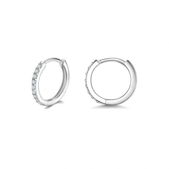 Picture of Wholesale Exquisite Stylish Huggie Hoop Earrings, Round Clear Cubic Zirconia Silver Tone 304 Stainless Steel, Women's Eco-friendly Gift Jewelry Supply, 10mm Dia., 2 PCs