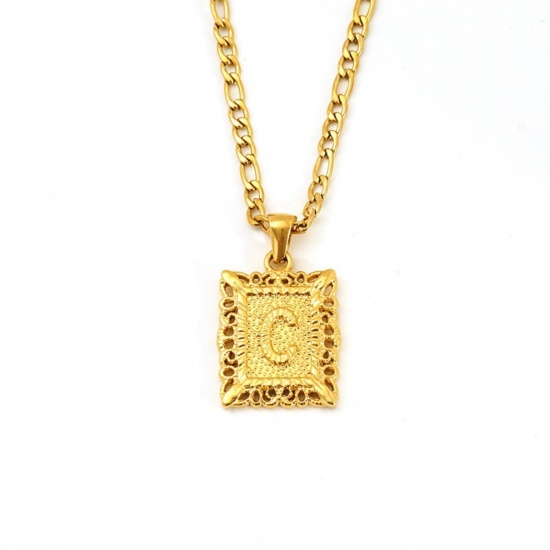Picture of Wholesale Rectangle Capital Alphabet Initial Letter Message " C " Pendant Charm Necklace, 18K Gold Plated 304 Stainless Steel Women's Eco-friendly PVD Exquisite Stylish Gift Jewelry For Retailer, 51cm(20.1") long, 1 Piece