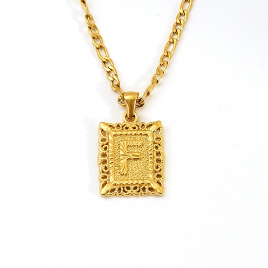Picture of Wholesale Rectangle Capital Alphabet Initial Letter Message " F " Pendant Charm Necklace, 18K Gold Plated 304 Stainless Steel Women's Eco-friendly PVD Exquisite Stylish Gift Jewelry For Retailer, 51cm(20.1") long, 1 Piece
