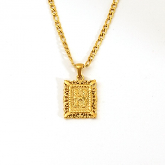 Picture of Wholesale Rectangle Capital Alphabet Initial Letter Message " H " Pendant Charm Necklace, 18K Gold Plated 304 Stainless Steel Women's Eco-friendly PVD Exquisite Stylish Gift Jewelry For Retailer, 51cm(20.1") long, 1 Piece