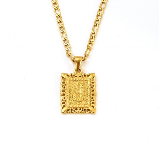 Picture of Wholesale Rectangle Capital Alphabet Initial Letter Message " J " Pendant Charm Necklace, 18K Gold Plated 304 Stainless Steel Women's Eco-friendly PVD Exquisite Stylish Gift Jewelry For Retailer, 51cm(20.1") long, 1 Piece