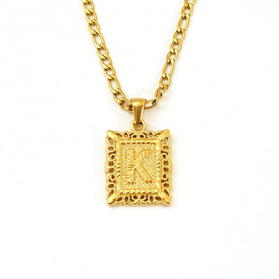 Picture of Wholesale Rectangle Capital Alphabet Initial Letter Message " K " Pendant Charm Necklace, 18K Gold Plated 304 Stainless Steel Women's Eco-friendly PVD Exquisite Stylish Gift Jewelry For Retailer, 51cm(20.1") long, 1 Piece