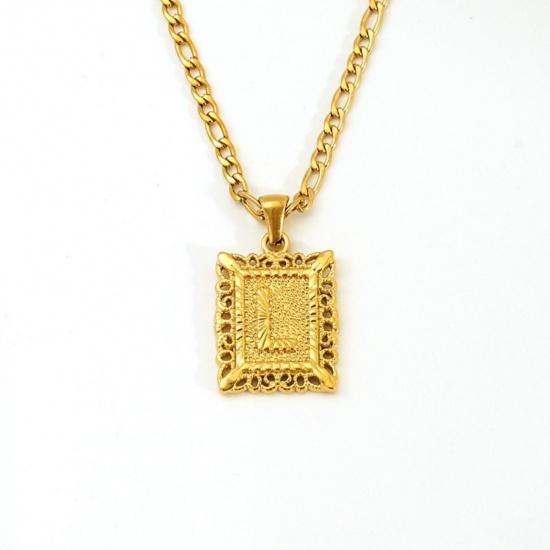 Picture of Wholesale Rectangle Capital Alphabet Initial Letter Message " L " Pendant Charm Necklace, 18K Gold Plated 304 Stainless Steel Women's Eco-friendly PVD Exquisite Stylish Gift Jewelry For Retailer, 51cm(20.1") long, 1 Piece