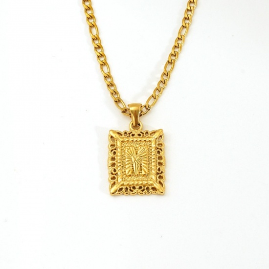 Picture of Wholesale Rectangle Capital Alphabet Initial Letter Message " M " Pendant Charm Necklace, 18K Gold Plated 304 Stainless Steel Women's Eco-friendly PVD Exquisite Stylish Gift Jewelry For Retailer, 51cm(20.1") long, 1 Piece