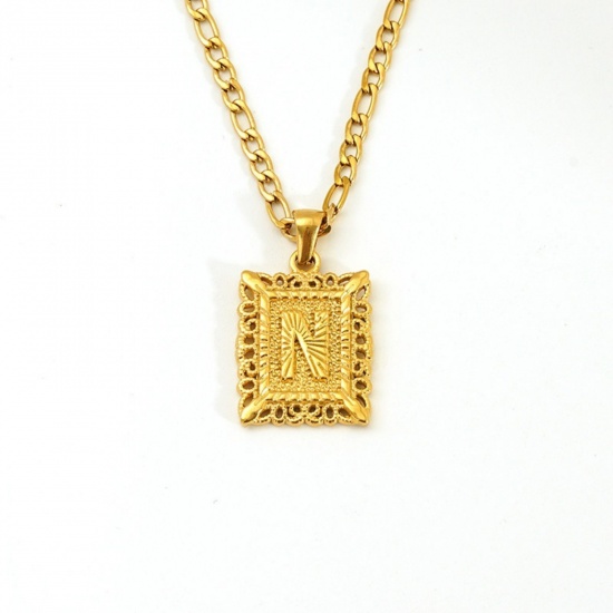 Picture of Wholesale Rectangle Capital Alphabet Initial Letter Message " N " Pendant Charm Necklace, 18K Gold Plated 304 Stainless Steel Women's Eco-friendly PVD Exquisite Stylish Gift Jewelry For Retailer, 51cm(20.1") long, 1 Piece