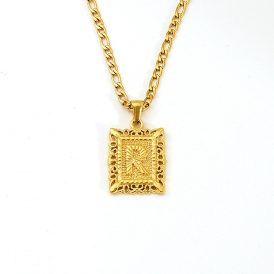 Picture of Wholesale Rectangle Capital Alphabet Initial Letter Message " R " Pendant Charm Necklace, 18K Gold Plated 304 Stainless Steel Women's Eco-friendly PVD Exquisite Stylish Gift Jewelry For Retailer, 51cm(20.1") long, 1 Piece