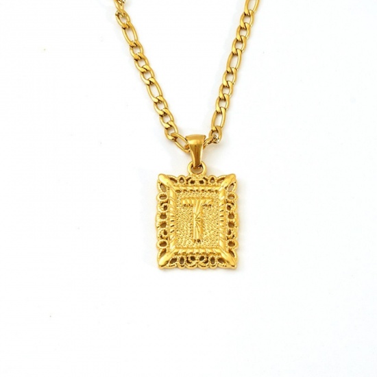 Picture of Wholesale Rectangle Capital Alphabet Initial Letter Message " T " Pendant Charm Necklace, 18K Gold Plated 304 Stainless Steel Women's Eco-friendly PVD Exquisite Stylish Gift Jewelry For Retailer, 51cm(20.1") long, 1 Piece
