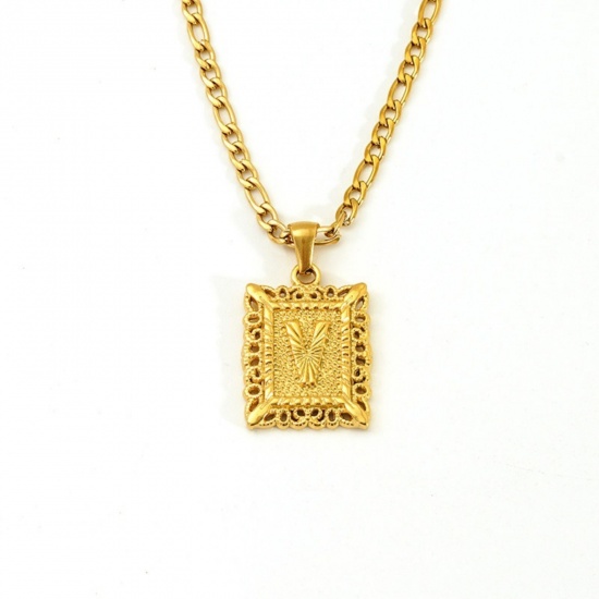 Picture of Wholesale Rectangle Capital Alphabet Initial Letter Message " V " Pendant Charm Necklace, 18K Gold Plated 304 Stainless Steel Women's Eco-friendly PVD Exquisite Stylish Gift Jewelry For Retailer, 51cm(20.1") long, 1 Piece