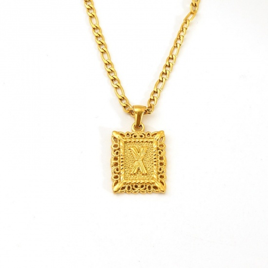 Picture of Wholesale Rectangle Capital Alphabet Initial Letter Message " X " Pendant Charm Necklace, 18K Gold Plated 304 Stainless Steel Women's Eco-friendly PVD Exquisite Stylish Gift Jewelry For Retailer, 51cm(20.1") long, 1 Piece