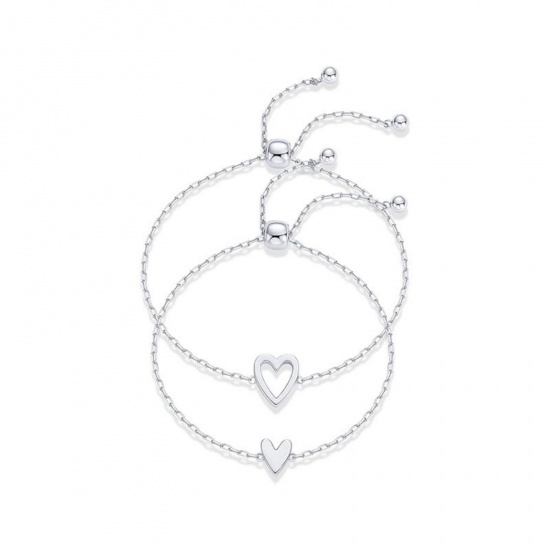 Picture of Wholesale Heart 304 Stainless Steel Link Cable Chain Adjustable Slider/ Slide Bolo Bracelets, Silver Tone Eco-friendly, Women's Valentine's Day Stylish Gift Jewelry Supply, 20cm(7.9") long, 1 Set ( 2 PCs/Set)