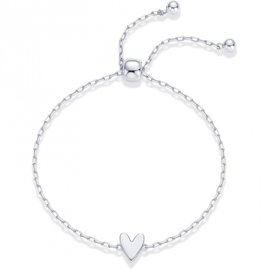 Picture of Wholesale Heart 304 Stainless Steel Link Cable Chain Adjustable Slider/ Slide Bolo Bracelets, Silver Tone Eco-friendly, Women's Valentine's Day Stylish Gift Jewelry Supply, 20cm(7.9") long, 1 Piece