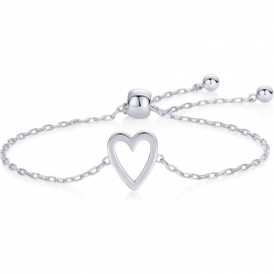 Picture of Wholesale Heart Hollow 304 Stainless Steel Link Cable Chain Adjustable Slider/ Slide Bolo Bracelets, Silver Tone Eco-friendly, Women's Valentine's Day Stylish Gift Jewelry Supply, 20cm(7.9") long, 1 Piece