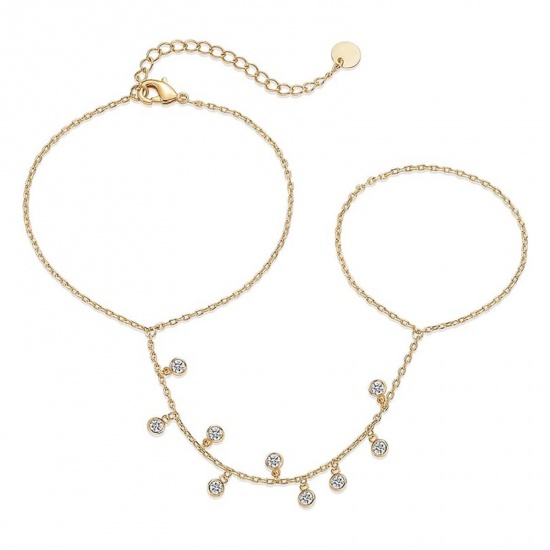 Picture of Wholesale Clear Rhinestone 304 Stainless Steel Hand Chain Slave Finger Ring Bracelet, 18K Gold Plated Eco-friendly PVD, Women's Ins Style Stylish Gift Jewelry Supply, 15cm(5.9") long, 1 Piece