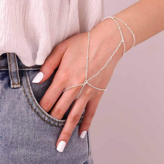Picture of Wholesale 304 Stainless Steel Hand Chain Slave Finger Ring Bracelet, Silver Tone Eco-friendly, Women's Ins Style Stylish Gift Jewelry Supply, 15cm(5.9") long, 1 Piece