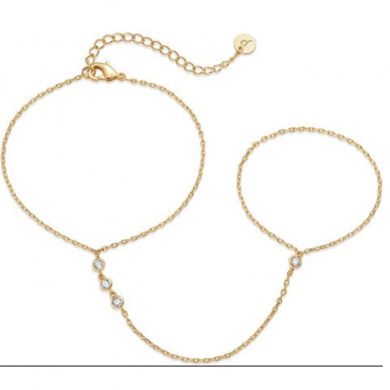 Picture of Wholesale Clear Rhinestone 304 Stainless Steel Hand Chain Slave Finger Ring Bracelet, 18K Gold Plated Eco-friendly PVD, Women's Ins Style Stylish Gift Jewelry Supply, 15cm(5.9") long, 1 Piece