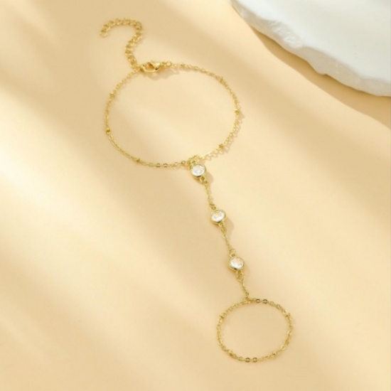 Picture of Wholesale Clear Rhinestone 304 Stainless Steel Hand Chain Slave Finger Ring Bracelet, 18K Gold Plated Eco-friendly PVD, Women's Ins Style Stylish Gift Jewelry Supply, 15cm(5.9") long, 1 Piece