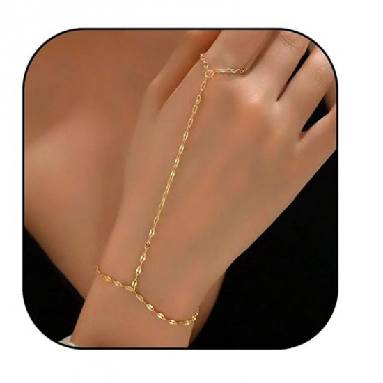 Picture of Wholesale 304 Stainless Steel Hand Chain Slave Finger Ring Bracelet, 18K Gold Plated Eco-friendly PVD, Women's Ins Style Stylish Gift Jewelry Supply, 15cm(5.9") long, 1 Piece