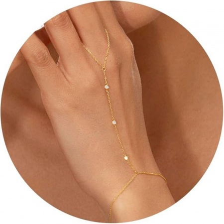 Picture of Wholesale 304 Stainless Steel Hand Chain Slave Finger Ring Bracelet, 18K Gold Plated Eco-friendly PVD, Women's Ins Style Stylish Gift Jewelry Supply, 15cm(5.9") long, 1 Piece