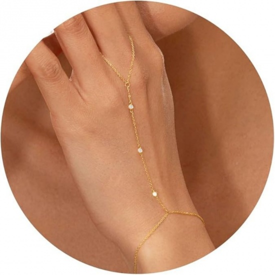 Picture of Wholesale 304 Stainless Steel Hand Chain Slave Finger Ring Bracelet, 18K Gold Plated Eco-friendly PVD, Women's Ins Style Stylish Gift Jewelry Supply, 15cm(5.9") long, 1 Piece