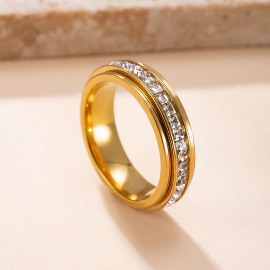 Picture of Wholesale Women's Gift Clear Rhinestone Rotatable Unadjustable Stress Relieving Anti Anxiety Fidget Spinner Band Rings, 18K Gold Plated 304 Stainless Steel, Eco-friendly Exquisite Stylish Jewelry Supply, 16.5mm(US Size 6), 1 Piece