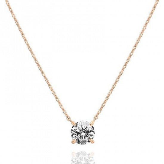 Picture of Wholesale Round Clear Rhinestone Pendant Charm Necklace, Rose Gold 304 Stainless Steel Women's Eco-friendly PVD Exquisite Stylish Gift Jewelry For Retailer, 40cm(15.7") + 5cm(2") long, 1 Piece