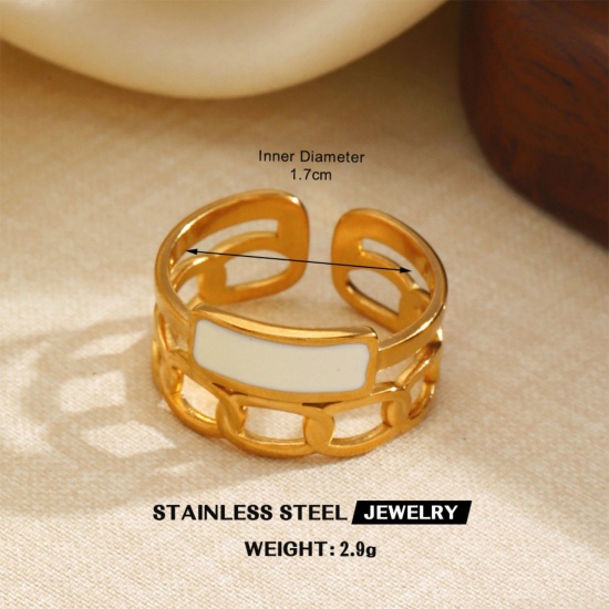 Picture of Wholesale Women's Gift White Enamel Open Adjustable Rings, 18K Gold Plated 304 Stainless Steel, Eco-friendly PVD Exquisite Stylish Jewelry Supply, 16.9mm(US Size 6.5), 1 Piece