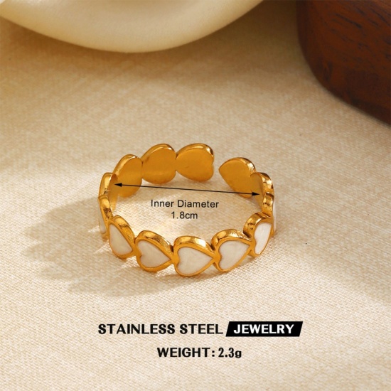 Picture of Wholesale Women's Gift Heart White Enamel Open Adjustable Rings, 18K Gold Plated 304 Stainless Steel, Eco-friendly PVD Valentine's Day Stylish Jewelry Supply, 17.9mm(US size 7.75), 1 Piece