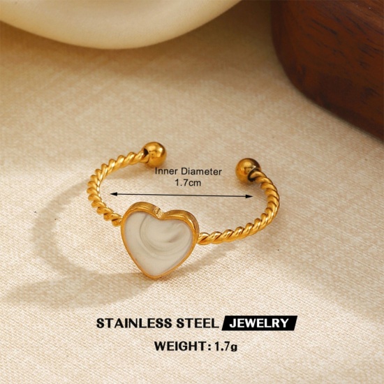 Picture of Wholesale Women's Gift Heart White Enamel Open Adjustable Rings, 18K Gold Plated 304 Stainless Steel, Eco-friendly PVD Valentine's Day Stylish Jewelry Supply, 16.9mm(US Size 6.5), 1 Piece