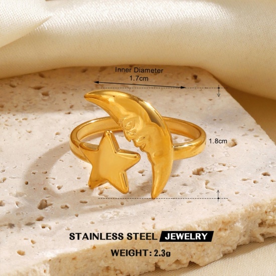 Picture of Wholesale Women's Gift Half Moon Open Adjustable Rings, 18K Gold Plated 304 Stainless Steel, Eco-friendly PVD Galaxy Stylish Jewelry Supply, 16.9mm(US Size 6.5), 1 Piece