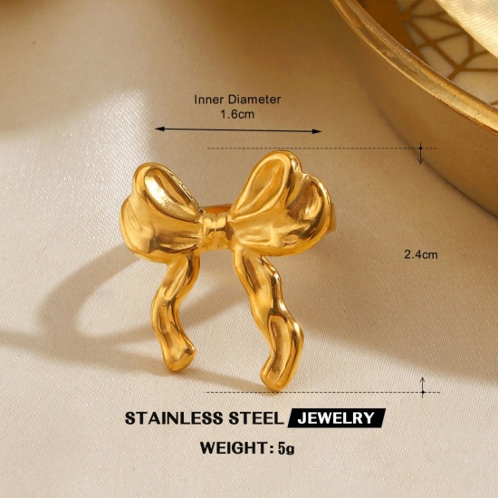 Bild von Großhandel Frauen Geschenk Schleife Offen Verstellbar Ring, 18K Vergoldet 304 Edelstahl, Umweltfreundliche PVD Kleidung Stilvoll Schmuckbedarf, 15.9mm（US Größe:5.25), 1 Stück
