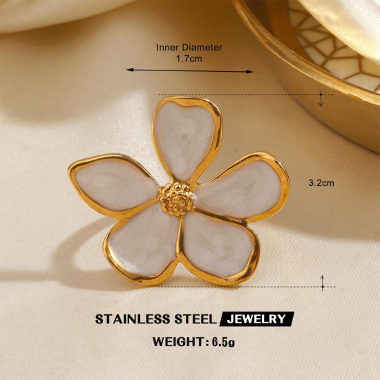 Bild von Großhandel Frauen Geschenk Blumen Weiß Emaille Offen Verstellbar Ring, 18K Vergoldet 304 Edelstahl, Umweltfreundliche PVD Exquisit Stilvoll Schmuckbedarf, 16.9mm（US Größe:6.5), 1 Stück