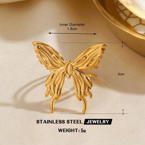 Bild von Großhandel Frauen Geschenk Schmetterling Offen Verstellbar Ring, 18K Vergoldet 304 Edelstahl, Umweltfreundliche PVD Insekt Stilvoll Schmuckbedarf, 17.9mm（US Größe:7.75), 1 Stück