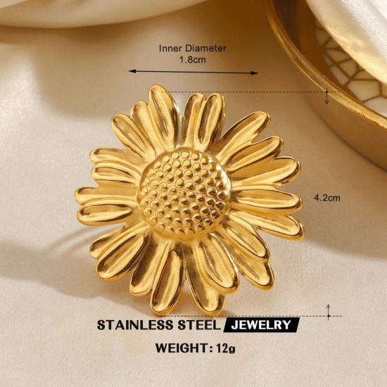Bild von Großhandel Frauen Geschenk Sonnenblume Offen Verstellbar Ring, 18K Vergoldet 304 Edelstahl, Umweltfreundliche PVD Exquisit Stilvoll Schmuckbedarf, 17.9mm（US Größe:7.75), 1 Stück