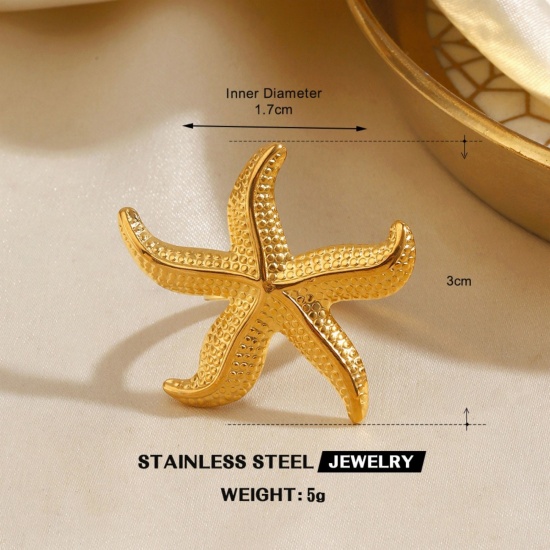 Bild von Großhandel Frauen Geschenk Seesterne Offen Verstellbar Ring, 18K Vergoldet 304 Edelstahl, Umweltfreundliche PVD Ozean Schmuck Stilvoll Schmuckbedarf, 16.9mm（US Größe:6.5), 1 Stück