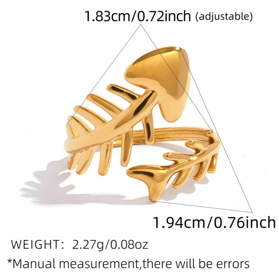 Picture of Wholesale Women's Gift Fish Bone Open Adjustable Rings, 18K Gold Plated 304 Stainless Steel, Eco-friendly PVD Ocean Jewelry Stylish Jewelry Supply, 18.3mm(US Size 8.25), 1 Piece