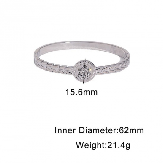 Picture of Wholesale Ear Of Wheat Clear Rhinestone 304 Stainless Steel Open Cuff Bangles Bracelets, Silver Tone Eco-friendly, Women's Exquisite Stylish Gift Jewelry Supply, 6.2cm Dia., 1 Piece