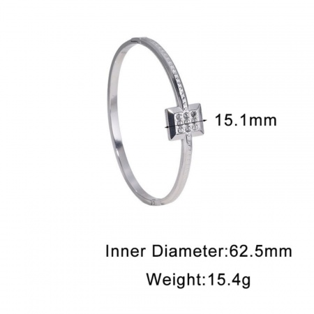 Picture of Wholesale Square Clear Rhinestone 304 Stainless Steel Open Cuff Bangles Bracelets, Silver Tone Eco-friendly, Women's Exquisite Stylish Gift Jewelry Supply, 6.25cm Dia., 1 Piece