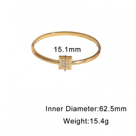 Picture of Wholesale Square Clear Rhinestone 304 Stainless Steel Open Cuff Bangles Bracelets, 18K Gold Plated Eco-friendly PVD, Women's Exquisite Stylish Gift Jewelry Supply, 6.25cm Dia., 1 Piece