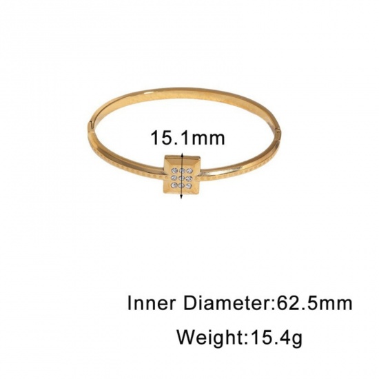 Picture of Wholesale Square Clear Rhinestone 304 Stainless Steel Open Cuff Bangles Bracelets, 18K Gold Plated Eco-friendly PVD, Women's Exquisite Stylish Gift Jewelry Supply, 6.25cm Dia., 1 Piece