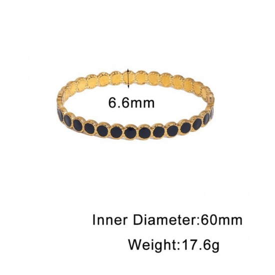 Picture of Wholesale Dot Black Enamel 304 Stainless Steel Open Cuff Bangles Bracelets, 18K Gold Plated Eco-friendly PVD, Women's Exquisite Stylish Gift Jewelry Supply, 6cm Dia., 1 Piece