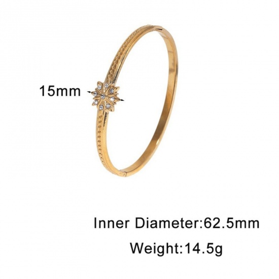 Picture of Wholesale Star Clear Rhinestone 304 Stainless Steel Open Cuff Bangles Bracelets, 18K Gold Plated Eco-friendly PVD, Women's Galaxy Stylish Gift Jewelry Supply, 6.25cm Dia., 1 Piece
