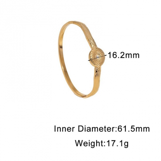 Picture of Wholesale Texture Clear Rhinestone 304 Stainless Steel Open Cuff Bangles Bracelets, 18K Gold Plated Eco-friendly PVD, Women's Exquisite Stylish Gift Jewelry Supply, 6.15cm Dia., 1 Piece